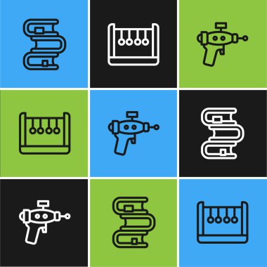 Çizgi kitabı, ışın tabancası ve sarkacın simgesini ayarla. Vektör.