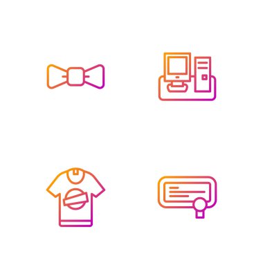 Sertifika şablonu, tişört, papyon ve klavyeli monitör ayarlayın. Renk simgeleri. Vektör.