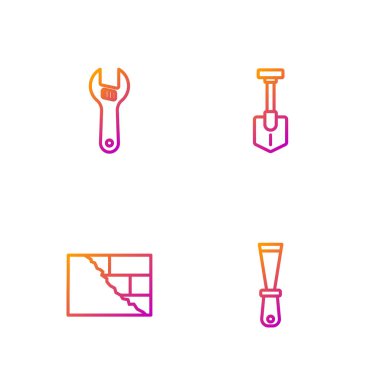 Oyun bıçağı, tuğla, ayarlanabilir ingiliz anahtarı ve kürek. Renk simgeleri. Vektör.