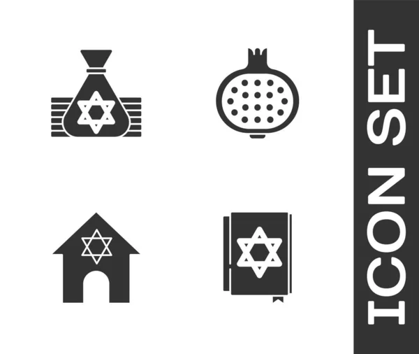 Set Jewish Torah Book Money Bag Synagogue Pomegranate Icon Vector — Stock Vector