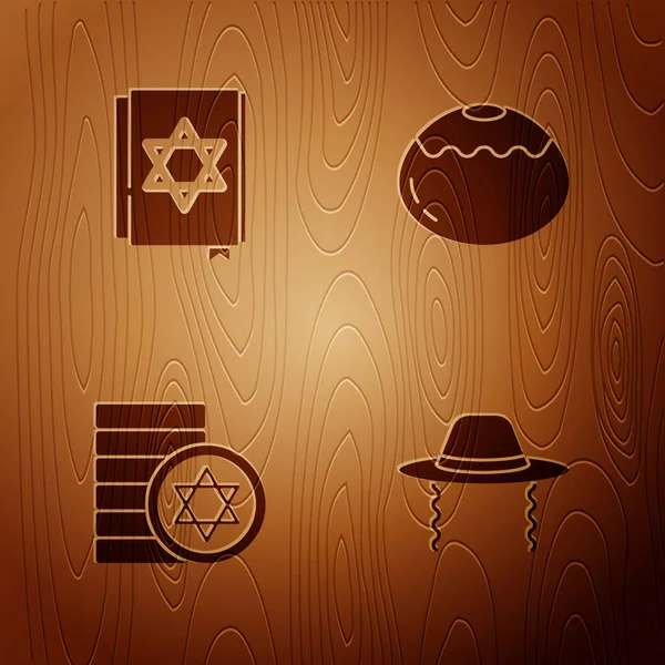 Set Orthodoxen Jüdischen Hut Jüdisches Thora Buch Münze Und Süße — Stockvektor
