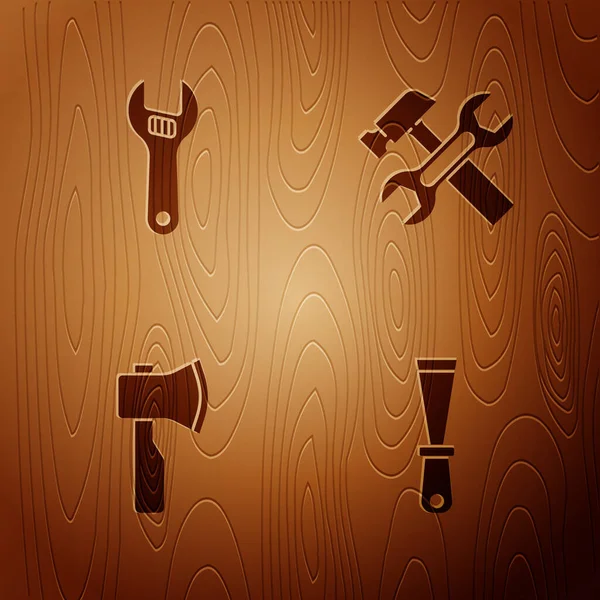 パテナイフ 調節可能なレンチ 木製の斧とハンマーと木製の背景を設定します ベクトル — ストックベクタ