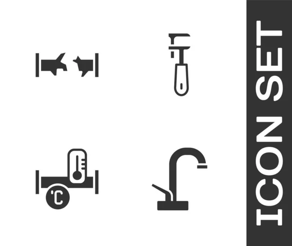 Definir Torneira Água Tubo Quebrado Indústria Metálica Ícone Chave Tubulação —  Vetores de Stock