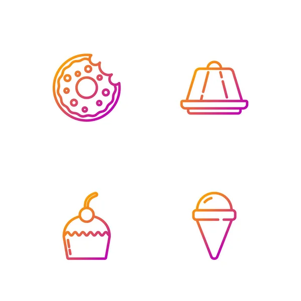 Set Line Helado Cono Gofre Pastel Rosquilla Flan Pudín Iconos — Archivo Imágenes Vectoriales