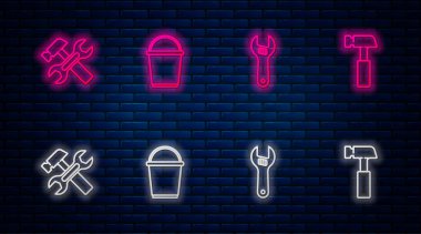 Halat kovası, ayarlanabilir anahtar, çekiç ve ve... Tuğla duvarda parlayan neon simgesi. Vektör.