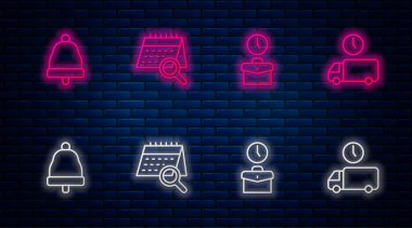 Takvim araması, çalışma saati, zil çalma ve teslimatı ayarla. Tuğla duvarda parlayan neon simgesi. Vektör.