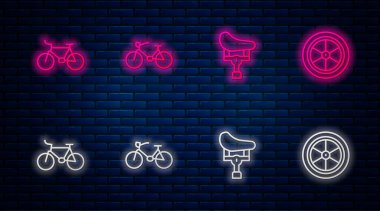 Sırayı, bisikleti, koltuğu ve tekerleği ayarla. Tuğla duvarda parlayan neon simgesi. Vektör.