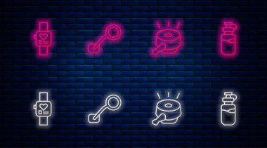 Sırayı ayarla bisiklet dikiz aynası, zil, akıllı saat ve suyla birlikte spor şişesi. Tuğla duvarda parlayan neon simgesi. Vektör.