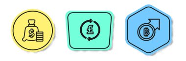 Para çantası, sterlinli madeni para, maddi büyüme ve bitcoin. Renkli şekiller. Vektör.