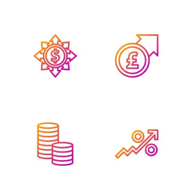 Satır yükseltme oku, madeni para ile dolar, dolar, hisse, ağ ve finansal büyüme ve pound. Renk simgeleri. Vektör.