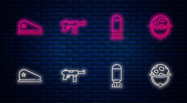 Hafif makineli tüfek M3, havacılık bombası, askeri bere ve miğfer ayarlayın. Tuğla duvarda parlayan neon simgesi. Vektör.