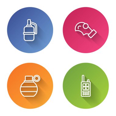 El bombası, gaz maskesi ve telsiz ayarlayın. Renkli daire düğmesi. Vektör.