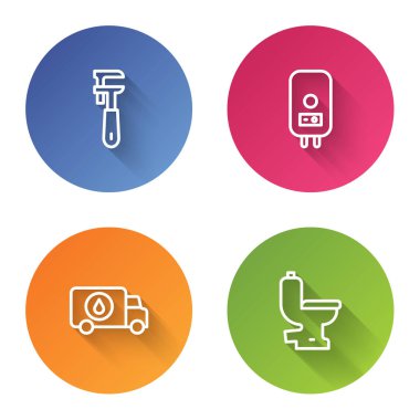 Hat ayarlanabilir boru anahtarı, elektrikli kazan, su tesisatı servis arabası ve klozet. Renkli daire düğmesi. Vektör.
