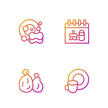 Bulaşık yıkama, çöp torbası ve temizlik takvimini ayarla. Renk simgeleri. Vektör.