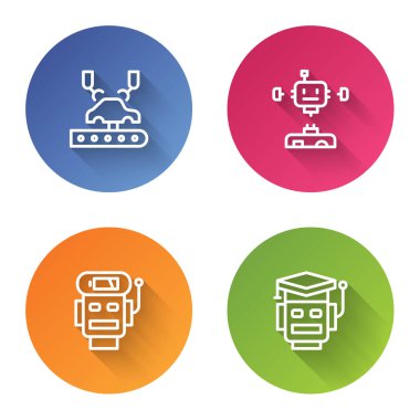 Robot kolu fabrikaya yerleştirildi, parçalandı, şarjı azaldı ve... Renkli daire düğmesi. Vektör.