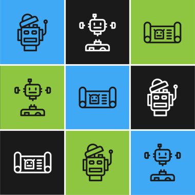 Çizgiyi ayarla Robot, taslak ve parçalanmış robot simgesi. Vektör.