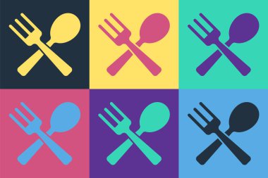 Pop Art çapraz çatal ve kaşık ikonu renk arkaplanında izole. Mutfak aletleri. Çatal bıçak seti. Vektör.