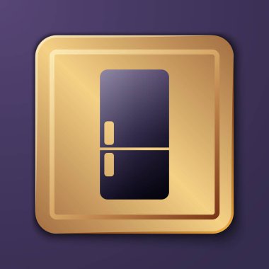 Mor buzdolabı ikonu mor arkaplanda izole edilmiş. Buzdolabı buzdolabı. Ev aletleri ve aletler. Altın kare düğme. Vektör.
