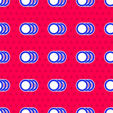 Kırmızı arkaplanda mavi plaka simgesi izole edilmiş. Çatal bıçak sembolü. Restoran tabelası. Vektör.