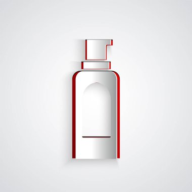 Saç spreyi için kağıt kesiği sprey kutusu, deodorant, gri arka planda bulunan terleme önleyici ikon. Kağıt sanatı tarzı. Vektör.