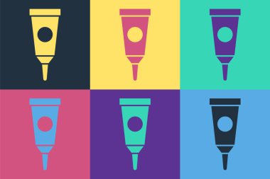 Pop sanat kremi ya da losyon kozmetik tüp ikonu renkli arka planda izole edilmiş. Kadınlar için vücut bakım ürünleri. Vektör.