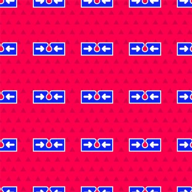 Mavi Akne simgesi, kırmızı arkaplanda izole edilmiş pürüzsüz desen. Deride iltihaplı sivilce. Tıkanmış gözenekteki sebum bir bakterinin büyümesini teşvik ediyor. Vektör.