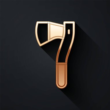 Siyah arka planda izole edilmiş altın ahşap balta ikonu. Oduncu baltası. Uzun gölge tarzı. Vektör.