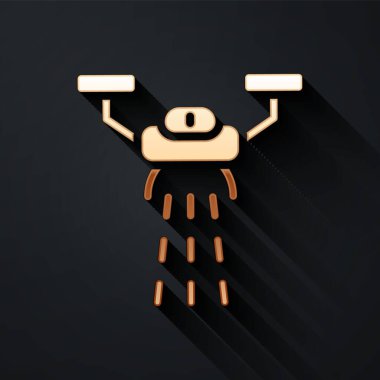 Tohum ekme ikonu için İHA kontrollü Gold Smart çiftliği siyah arka planda izole edildi. Tarım şirketi için icat teknolojisi. Uzun gölge tarzı. Vektör.