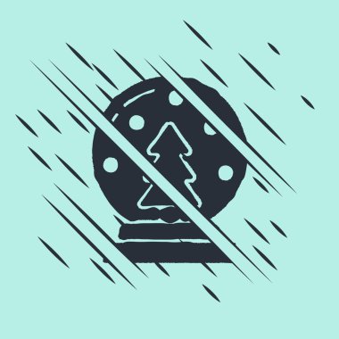 Kar yağan siyah Noel küresi ve yeşil arka planda izole edilmiş Noel ağacı ikonu. Mutlu Noeller ve mutlu yıllar. Arıza tarzı. Vektör.