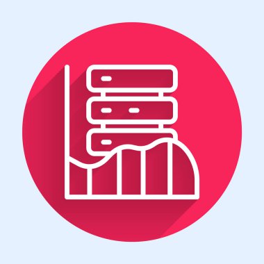 Beyaz çizgi sunucusu, Data, Web sunucu simgesi uzun gölge arkaplanı ile izole edildi. Kırmızı daire düğmesi. Vektör
