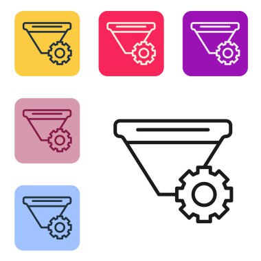 Siyah çizgi filtresi ayarı simgesi beyaz arkaplanda izole edildi. Renkli kare düğmelerle simgeleri ayarla. Vektör