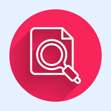 Uzun gölge arkaplan ile izole edilmiş klasör simgesi içeren beyaz çizgi arama kavramı. Büyüteç ve belge. Veri ve bilgi işareti. Kırmızı daire düğmesi. Vektör