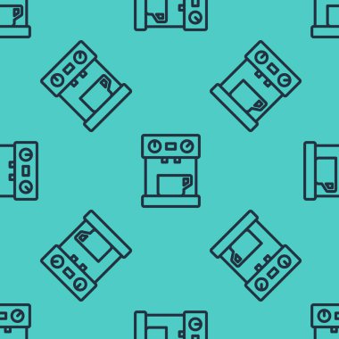 Siyah çizgi kahve makinesi ikonu yeşil arka planda kusursuz desen izole etti. Vektör.