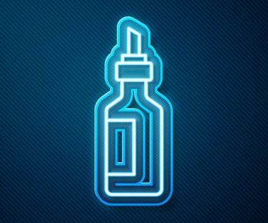 Parlayan neon hattı mavi arka planda izole edilmiş zeytinyağı ikonu. Zeytinyağı ikonlu sürahi. Vektör.