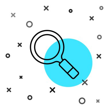 Beyaz zemin üzerinde arama simgesi olan siyah çizgi büyüteç. Dedektif araştırıyor. Rastgele dinamik şekiller. Vektör.