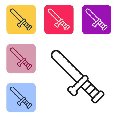 Siyah çizgi polis kauçuk çubuk simgesi beyaz arka planda izole edildi. Kauçuk copu. Polis yarasası. Polis ekipmanları. Renkli kare düğmelerle simgeleri ayarla. Vektör.