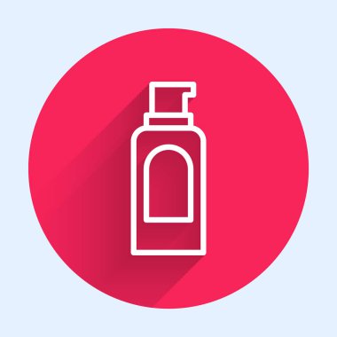 Saç spreyi için beyaz çizgi spreyi, deodorant, uzun gölgeli terleme önleyici ikon. Kırmızı daire düğmesi. Vektör.