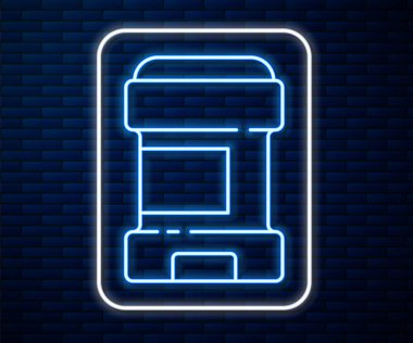Parlayan neon hattı terleme önleyici deodorant rulo ikonu tuğla duvar arka planında izole edildi. Vücut hijyeni için kozmetik. Vektör.