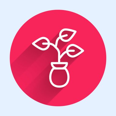 Beyaz çizgi bitki simgesi uzun gölgeli izole edilmiş. Tohum ve tohum. İşaret bırakıyor. Yaprak doğası. Kırmızı daire düğmesi. Vektör.