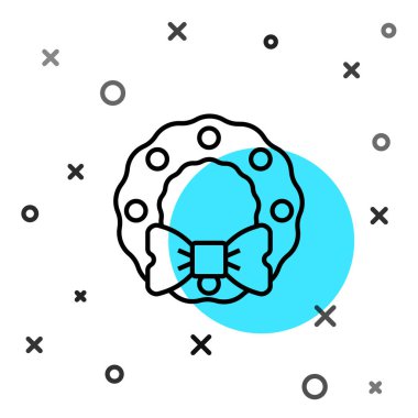 Beyaz arka planda siyah çizgili Noel çelengi simgesi var. Mutlu Noeller ve mutlu yıllar. Rastgele dinamik şekiller. Vektör.