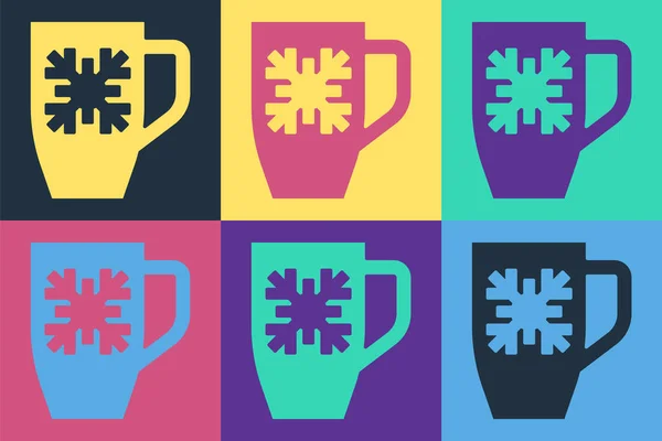 ポップアートカラーの背景に雪の結晶アイコンとコーヒーカップ ティーカップ ホットドリンクコーヒー メリークリスマスとハッピーニューイヤー ベクトル — ストックベクタ