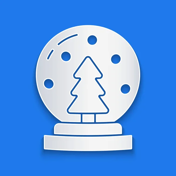 紙は青い背景に隔離された落下雪とクリスマスツリーのアイコンとクリスマスの雪の地球を切りました メリークリスマスとハッピーニューイヤー 紙のアートスタイル ベクトル — ストックベクタ
