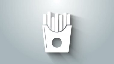 Gri arka planda izole edilmiş karton paket ikonunda patates kızartması. Fast food menüsü. 4K Video hareketli grafik canlandırması