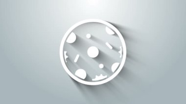 Beyaz Pizza simgesi gri arkaplanda izole edildi. Fast food menüsü. 4K Video hareketli grafik canlandırması