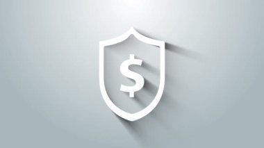 Gri arkaplanda dolar sembolü olan Beyaz Kalkan. Güvenlik kalkanı koruması. Para güvenliği konsepti. 4K Video hareketli grafik canlandırması