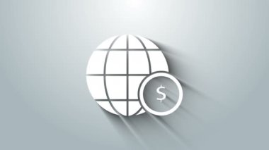 Gri arkaplanda dolar sembolü olan Beyaz Dünya küresi. Dünya ya da Dünya işareti. Küresel internet sembolü. Geometrik şekiller. 4K Video hareketli grafik canlandırması