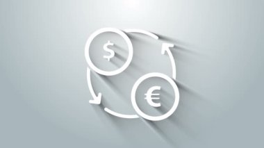 Beyaz Para Takas simgesi gri arkaplanda izole edildi. Euro ve Dolar para transferi sembolü. Bankacılık işareti. 4K Video hareketli grafik canlandırması