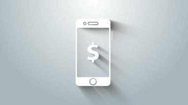 Gri arkaplanda dolar sembolü olan beyaz akıllı telefon. İnternetten alışveriş konsepti. Finansal cep telefonu simgesi. Çevrimiçi ödeme. 4K Video hareketli grafik canlandırması