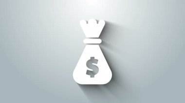 Beyaz Para Çantası simgesi gri arka planda izole edildi. Dolar ya da USD sembolü. Nakit bankacılık tabelası. 4K Video hareketli grafik canlandırması