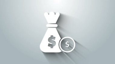 Gri arka planda beyaz para çantası ve madeni para simgesi var. Dolar ya da USD sembolü. Nakit bankacılık tabelası. 4K Video hareketli grafik canlandırması